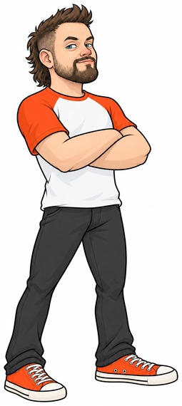Cartoon of Tim Kearney standing with arms crossed